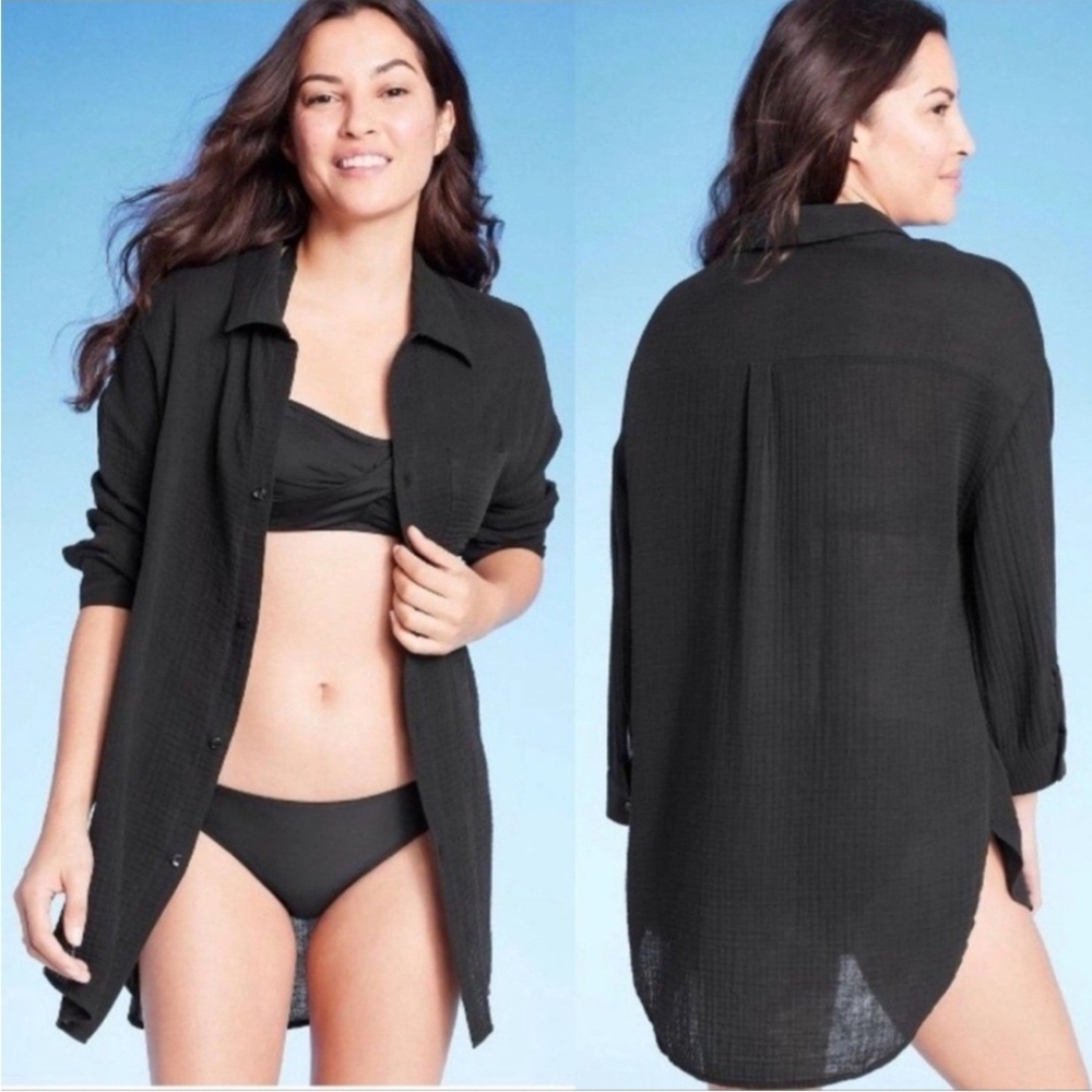 Kona Sol Women's Black Gauzy Button Up Swim Coverup Medium Beach Summer